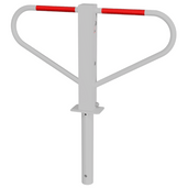 Witte en rode parkeerbeugel voor betonverankering, met robuust metalen ontwerp.