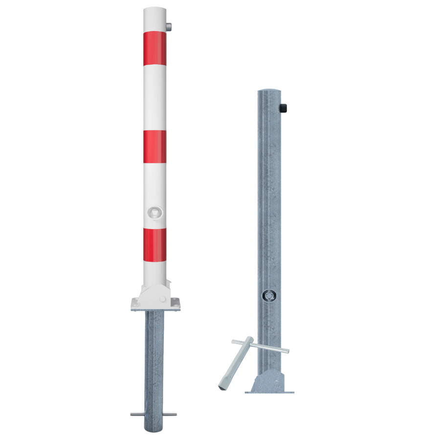 Neerklapbare parkeerpaal Ø76 mm | Wit-rood of verzinkt | Met slot opties