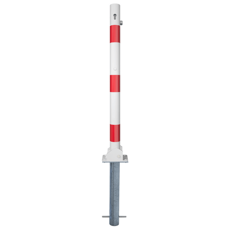 Neerklapbare parkeerpaal Ø60 mm, wit-rood gestreept, met cilinderslot en betonverankering.