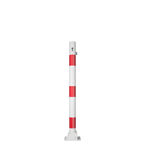 Wit-rode neerklapbare parkeerpaal Ø60 mm met cilinderslot en voetplaat voor montage.