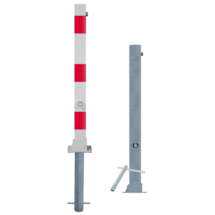 Neerklapbare parkeerpaal 70x70 mm | Wit-rood of verzinkt | Met slot opties