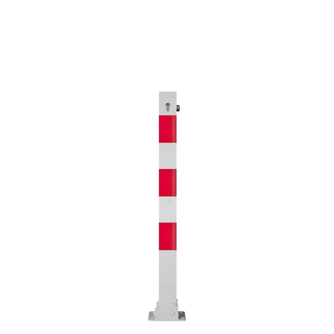 Wit-rode neerklapbare parkeerpaal 70x70 mm met cilinderslot en voetplaat.