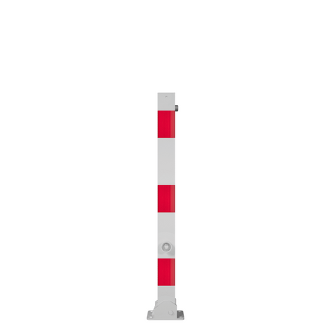 Wit-rode neerklapbare parkeerpaal 70x70 mm met driekantslot en voetplaat.