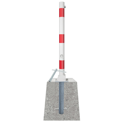 Neerklapbare parkeerpaal Ø60 mm, wit-rood gestreept, met betonvoet en grondanker.