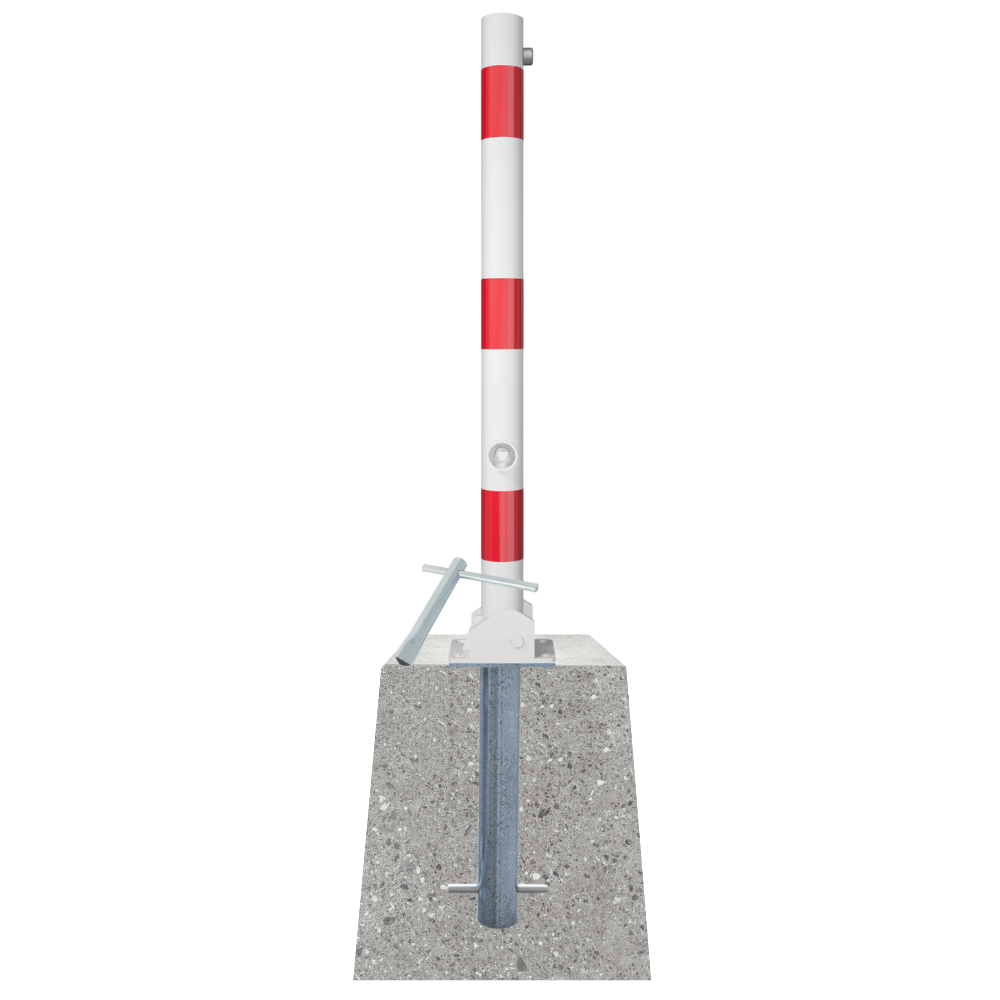 Neerklapbare parkeerpaal Ø60 mm met betonvoet | Wit-rood of verzinkt