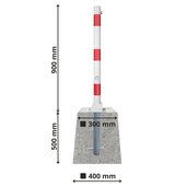 Wit-rode neerklapbare parkeerpaal Ø60 mm met betonvoet, 900 mm hoog, 500 mm diep.