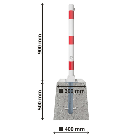 Wit-rode neerklapbare parkeerpaal Ø60 mm met betonvoet, 900 mm hoog, 500 mm diep.