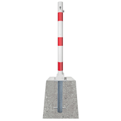 Wit-rode neerklapbare parkeerpaal Ø60 mm met betonvoet en cilinderslot.