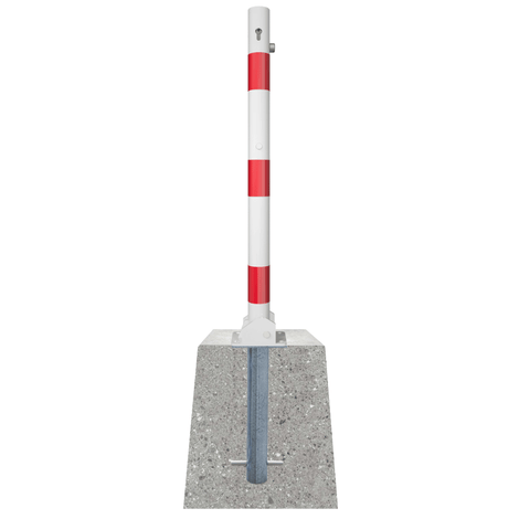 Wit-rode neerklapbare parkeerpaal Ø60 mm met betonvoet en cilinderslot.