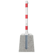 Wit-rode neerklapbare parkeerpaal Ø60 mm met betonvoet en driekantslot.