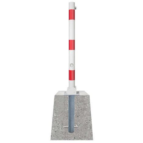 Wit-rode neerklapbare parkeerpaal Ø60 mm met betonvoet en driekantslot.