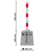 Neerklapbare parkeerpaal, wit-rood, 70x70 mm, met betonvoet 400x300x500 mm. Totale hoogte 900 mm.