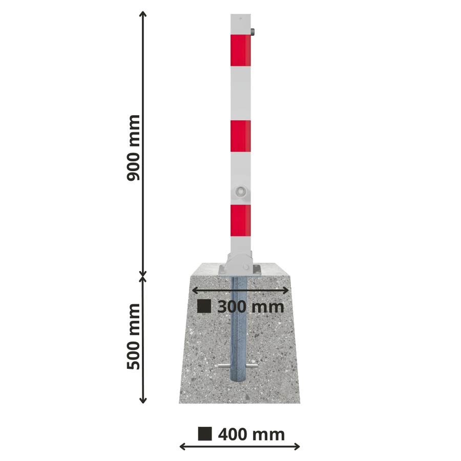 Neerklapbare parkeerpaal 70x70 mm met betonvoet | Wit-rood of verzinkt