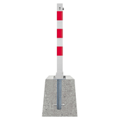Wit-rode neerklapbare parkeerpaal 70x70 mm met betonvoet en cilinderslot, op een witte achtergrond.