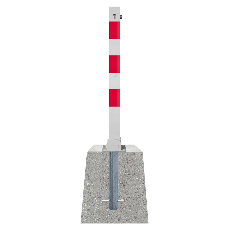 Neerklapbare parkeerpaal 70x70 mm met betonvoet | Wit-rood of verzinkt