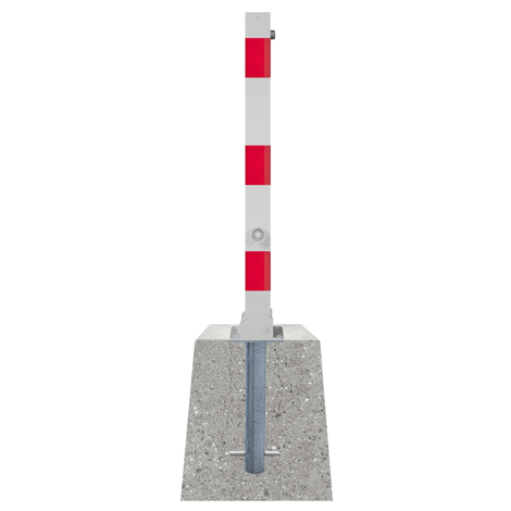 Wit-rode neerklapbare parkeerpaal 70x70 mm met betonvoet en driekantslot.