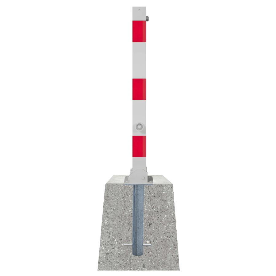 Neerklapbare parkeerpaal 70x70 mm met betonvoet | Wit-rood of verzinkt