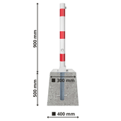 Neerklapbare parkeerpaal Ø76 mm, wit-rood, met betonvoet (500x400x300 mm) en 900 mm paalhoogte.