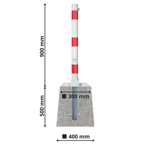 Neerklapbare parkeerpaal Ø76 mm, wit-rood, met betonvoet (500x400x300 mm) en 900 mm paalhoogte.