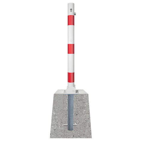 Wit-rode neerklapbare parkeerpaal Ø76 mm met cilinderslot en betonvoet.