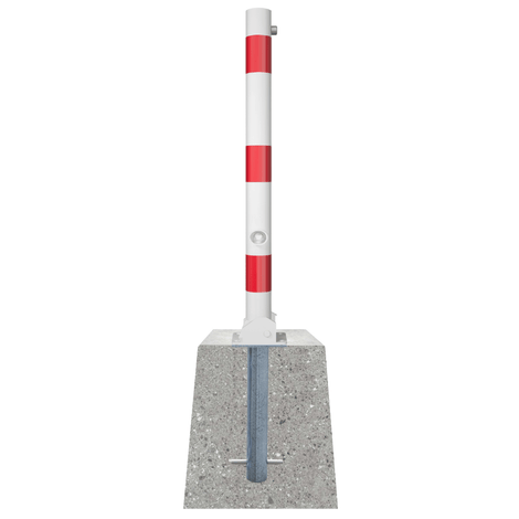 Wit-rode neerklapbare parkeerpaal Ø76 mm met driekantslot en betonnen voet.