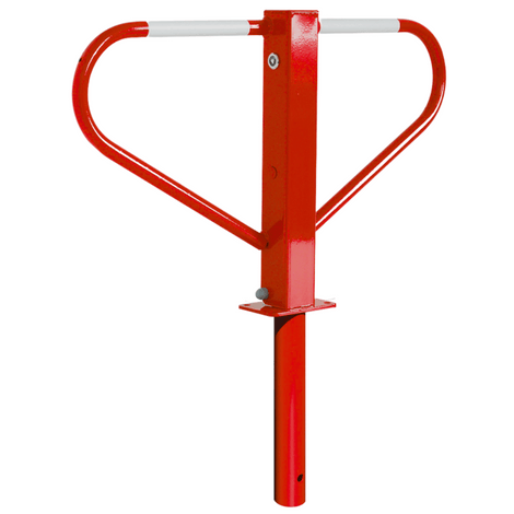Rood-witte parkeerbeugel voor betonverankering, met reflecterende strepen en robuust stalen ontwerp.