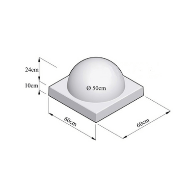 Witte parkeerbol op voet, RAL 9016, Ø500 mm, met vierkante basis van 60x60 cm.