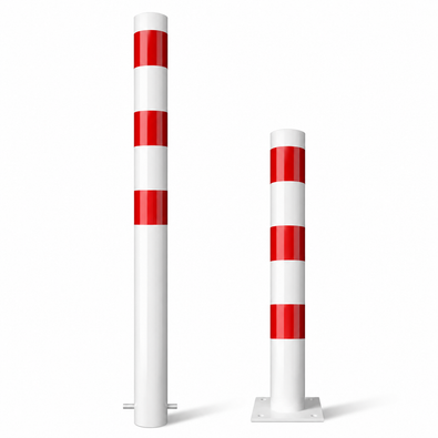 Twee wit-rode parkeerpalen Ø102 mm, één voor betonverankering en één met voetplaat.