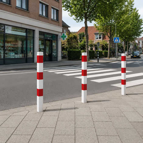 Drie wit-rode parkeerpalen, 70x70 mm, op een trottoir bij een zebrapad in een stedelijke omgeving.