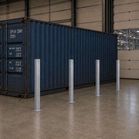 Twee verzinkt stalen parkeerpalen 70x70 mm met voetplaat naast een container