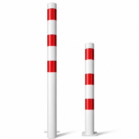 Twee wit-rode parkeerpalen, Ø89 mm, één voor betonverankering en één met voetplaat
