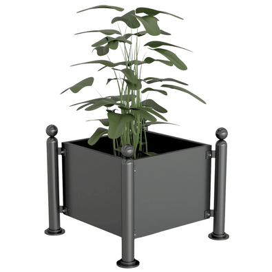 Antraciet verzinkt stalen plantenbak (88x88x68 cm) met decoratieve ornamenten en een groene plant.