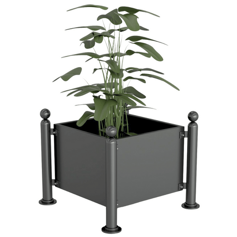 Antraciet verzinkt stalen plantenbak (88x88x68 cm) met decoratieve ornamenten en een groene plant.