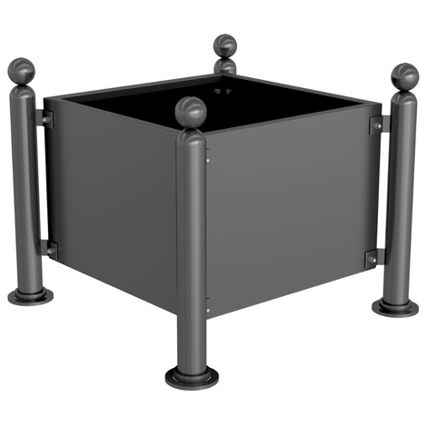 Antraciet verzinkt stalen plantenbak (88x88x68 cm) met decoratieve ornamenten.