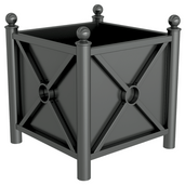 Antraciet verzinkt stalen plantenbak (64x64x68 cm) met decoratieve ornamenten en kruisdetails.
