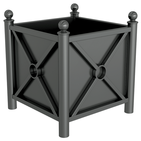 Antraciet verzinkt stalen plantenbak (64x64x68 cm) met decoratieve ornamenten en kruisdetails.