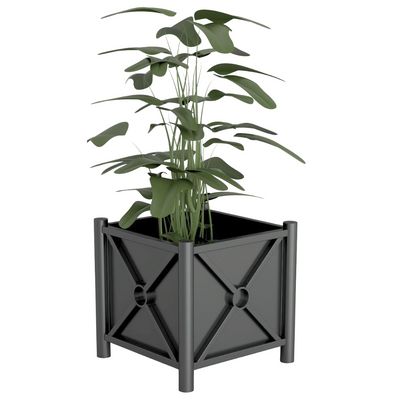 Antraciet verzinkt stalen plantenbak (64x64x68 cm) met decoratieve ornamenten en een groene plant.