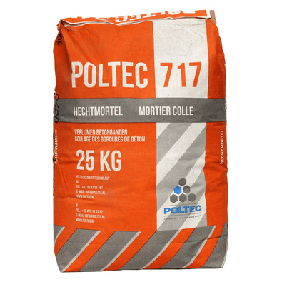 Oranje Poltec 717 hechtmortel zak van 25 KG met witte en grijze accenten.