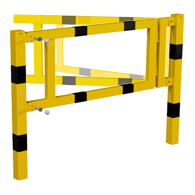 Geel-zwart poortelement 70x70 mm voor veiligheidsrailing, opengeklapt met hefsluiting.