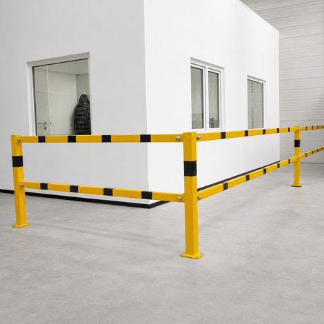 Geel-zwart poortelement voor veiligheidsrailing, 70x70 mm, met horizontale balken en staanders.