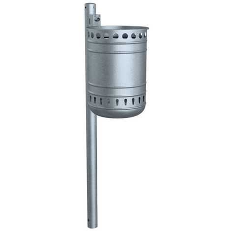 Verzinkte 35L buitenprullenbak op paal, met geperforeerde randen en een robuust, cilindrisch ontwerp.