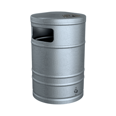 Verzinkte 40L prullenbak met asbak, voor muurbevestiging, cilindrisch design.