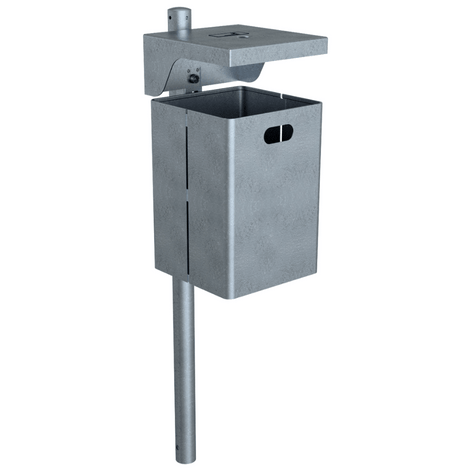 Verzinkte 45L prullenbak met asbak, op paal voor in de grond. Rechthoekig, robuust design.