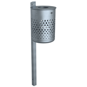 Verzinkte 50 L prullenbak met deksel, geperforeerd design, op paal voor grondmontage.