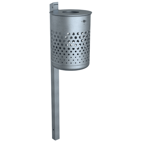 Verzinkte 50 L prullenbak met deksel, geperforeerd design, op paal voor grondmontage.