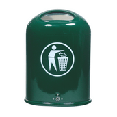 Groene 45L prullenbak met wit afvalpictogram, voor muur- of paalbevestiging.