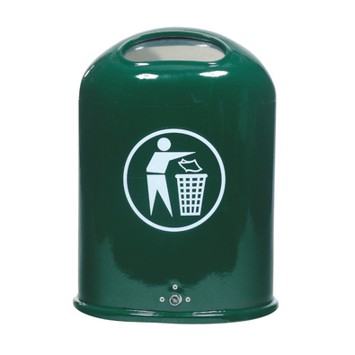 Groene 45L prullenbak met wit afvalpictogram, voor muur- of paalbevestiging.