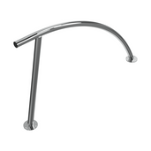 Glanzende RVS fietsbeugel Ø48 mm met gebogen bovenbuis en twee ronde voetplaten voor montage.