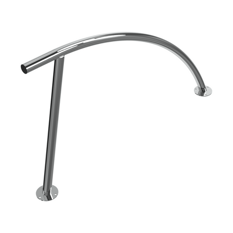 Glanzende RVS fietsbeugel Ø48 mm met gebogen bovenbuis en twee ronde voetplaten voor montage.