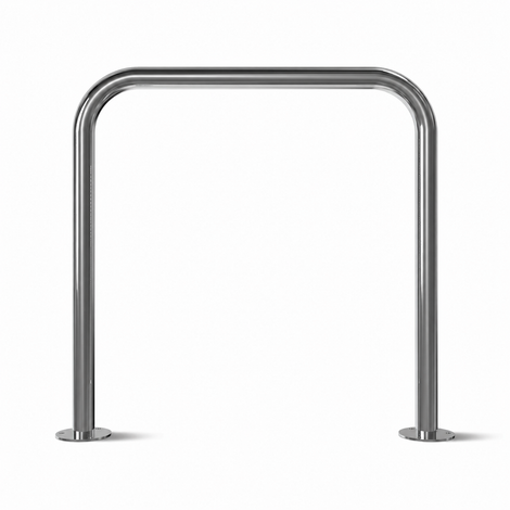 Glanzende RVS beschermbeugel Ø48 mm op ronde voetplaten, zonder tussenbuis, voor professionele toepassingen.